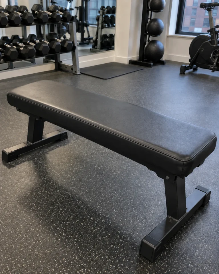A repaired black vinyl gym bench