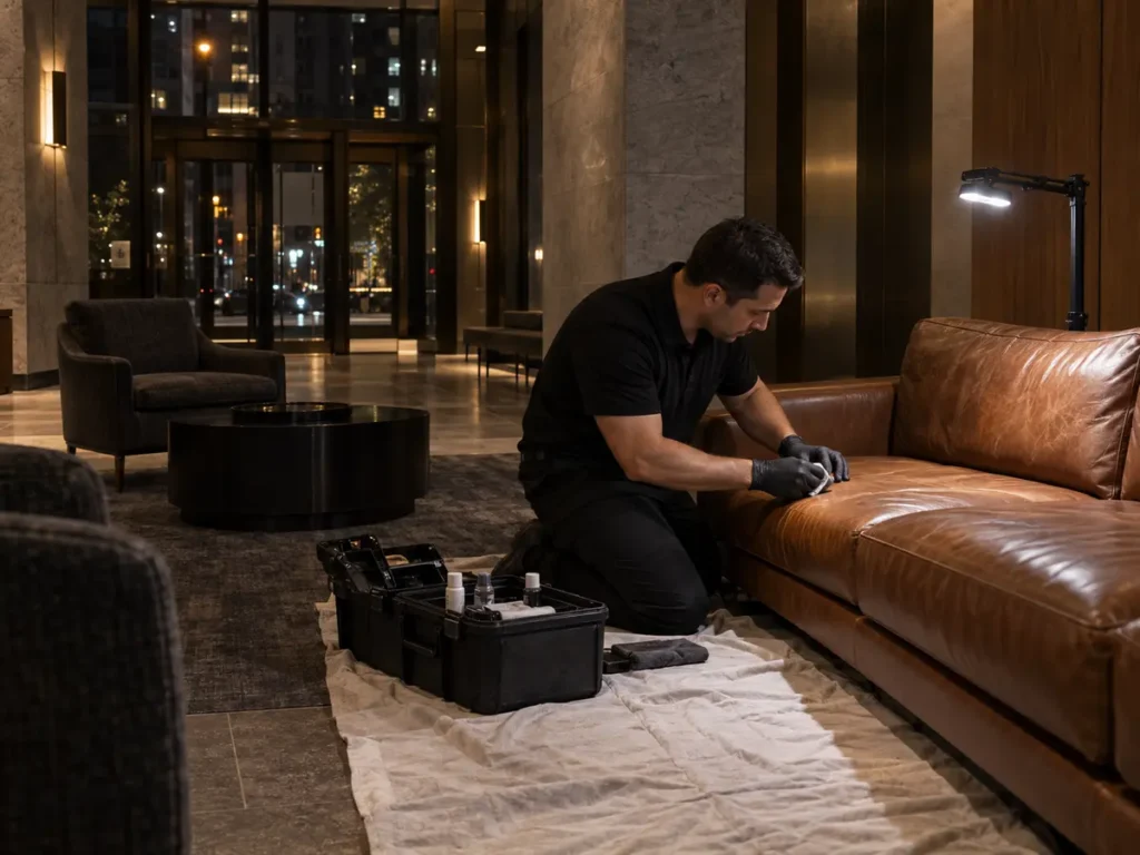 After-hours furniture repair in a lobby