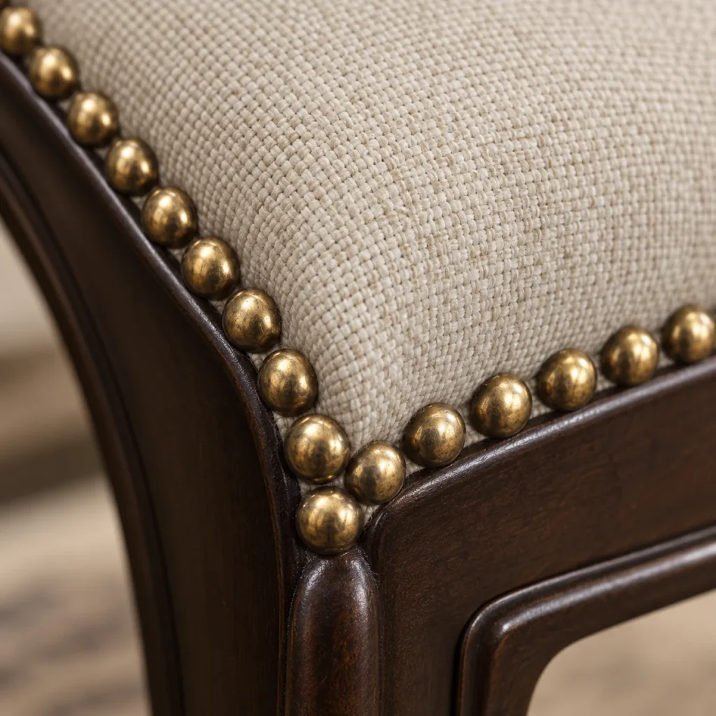 Nail trim detail on an upholstered dining chair