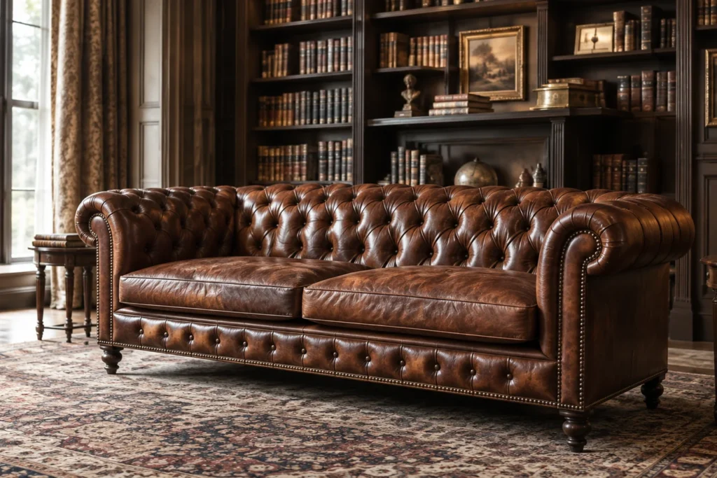 Antique leather Chesterfield in a library with bookshelves