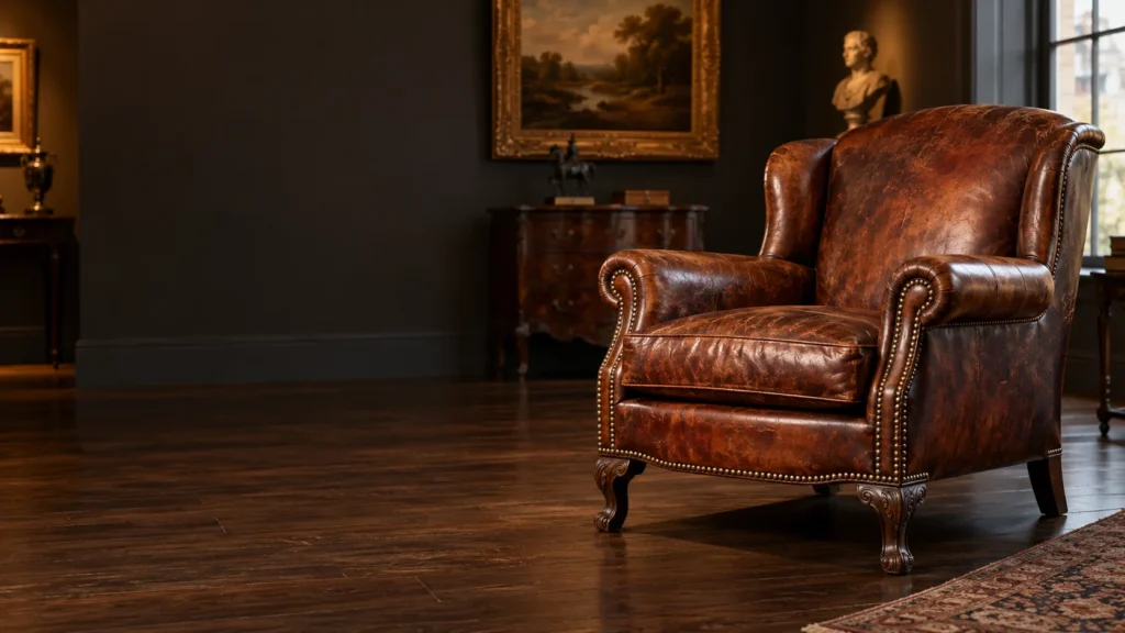 An antique leather armchair in a dealer showroom