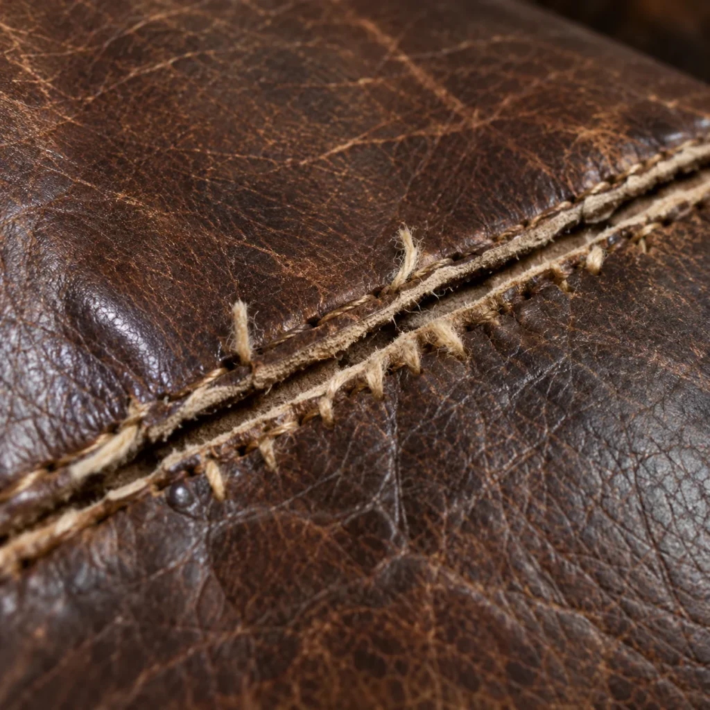 Broken seams on antique leather
