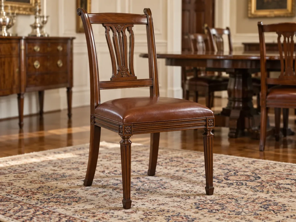 An antique leather dining chair
