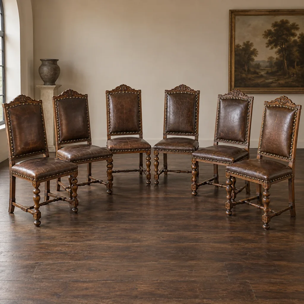 A set of antique leather dining chairs