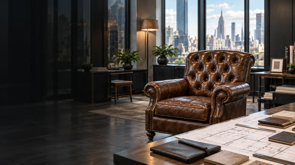 A tufted leather chair beside architect plans
