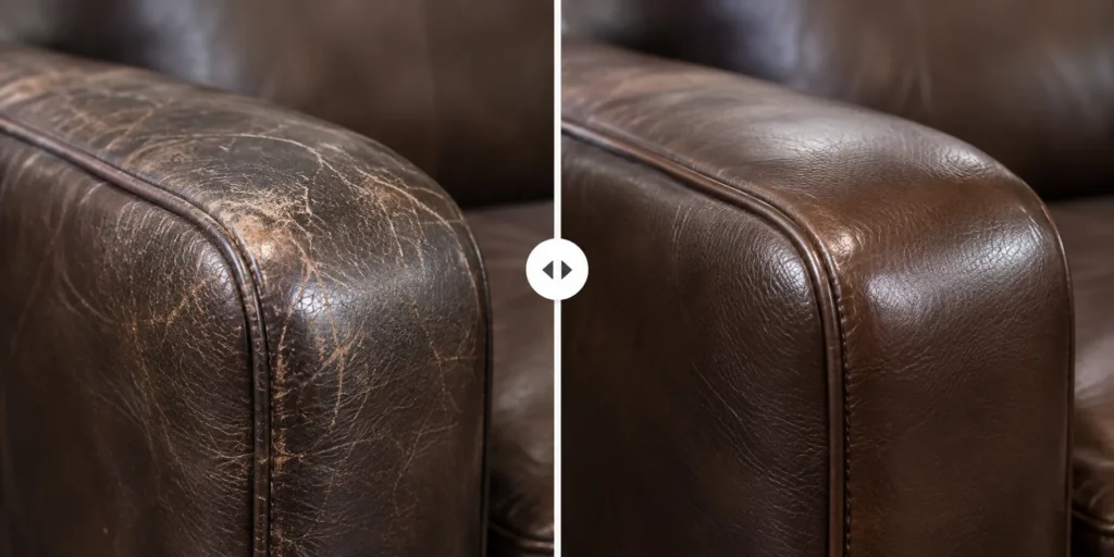 Scuffed brown leather armrest before and after repair