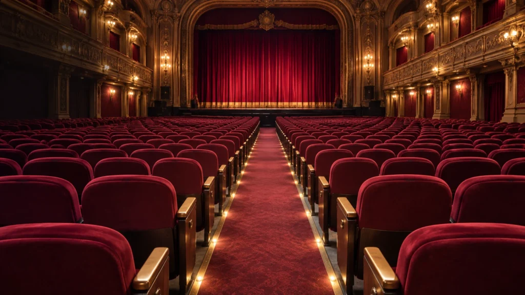 Raked rows of auditorium seats leading down to the stage