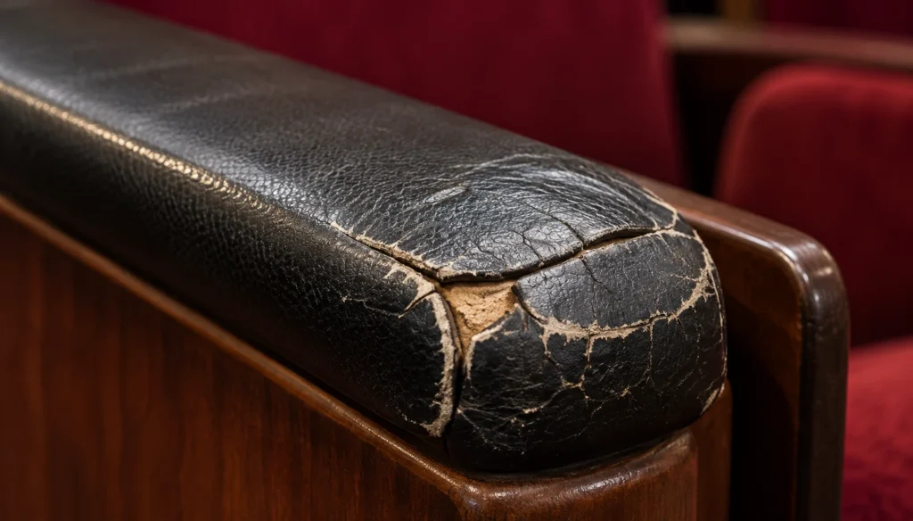 Cracked arm caps on an auditorium seat