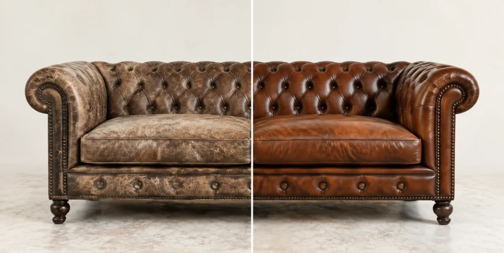 Antique brown Chesterfield sofa before and after leather restoration