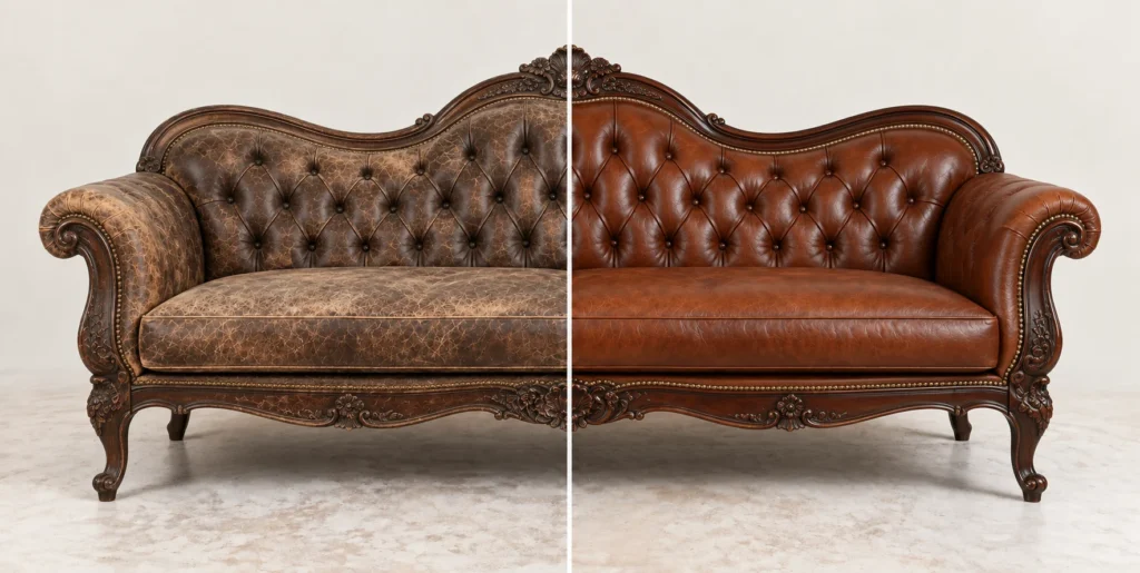 Carved-crest sofa before and after leather restoration