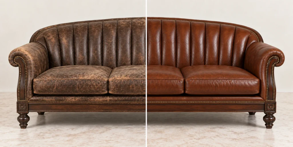 Channel-back leather sofa before and after restoration