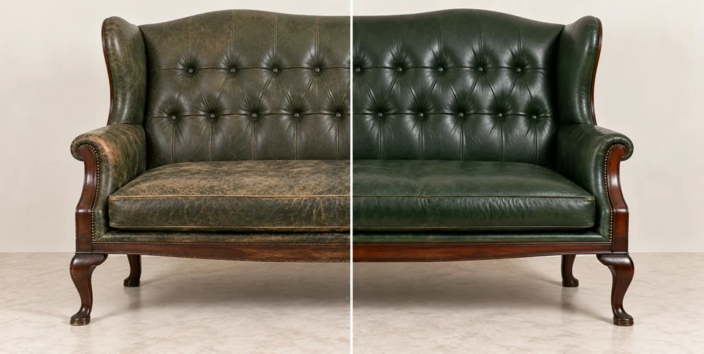 Green wingback settee before and after restoration