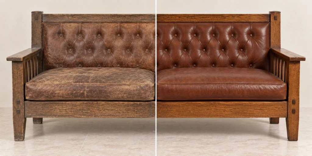 Oak settle with leather seat before and after restoration
