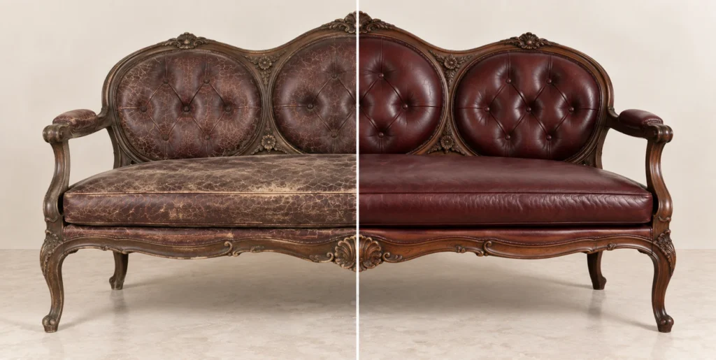 Oxblood medallion-back settee before and after restoration