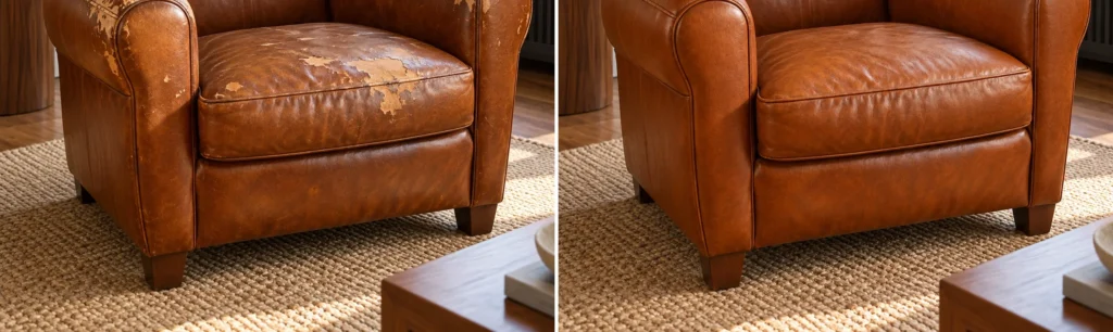 Sillón de cuero restaurado, antes y después