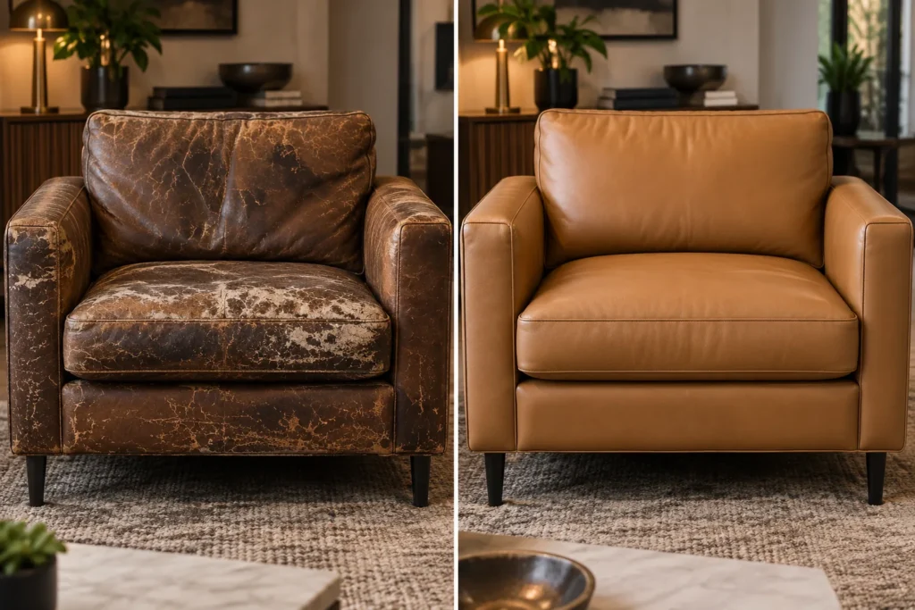 Worn armchair recovered in tan leather, before and after