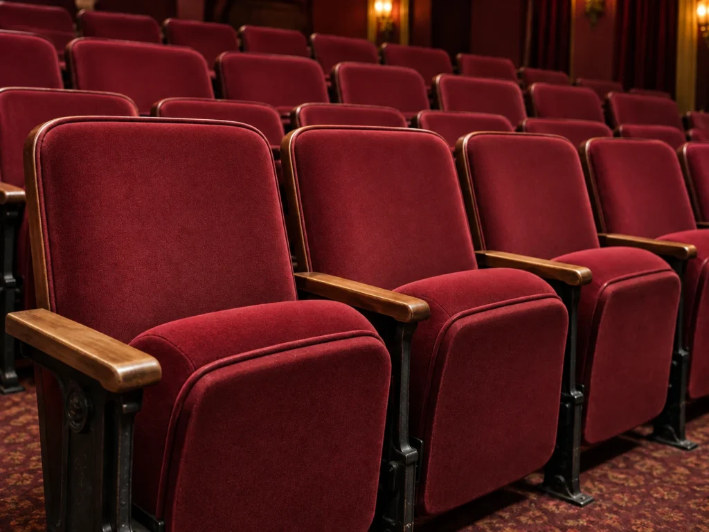 Red velvet theater seats after reupholstery