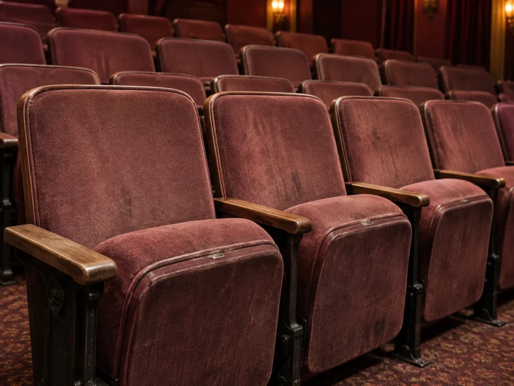 Faded red velvet theater seats before reupholstery