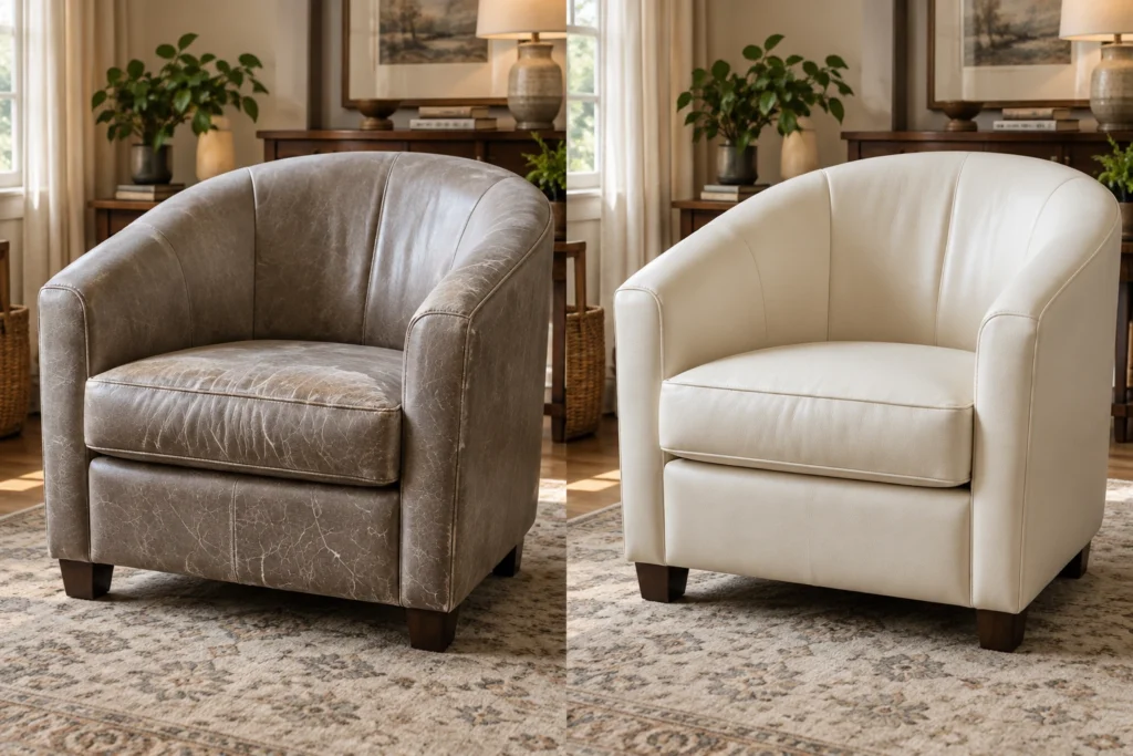 Gray barrel chair redone in ivory leather, before and after
