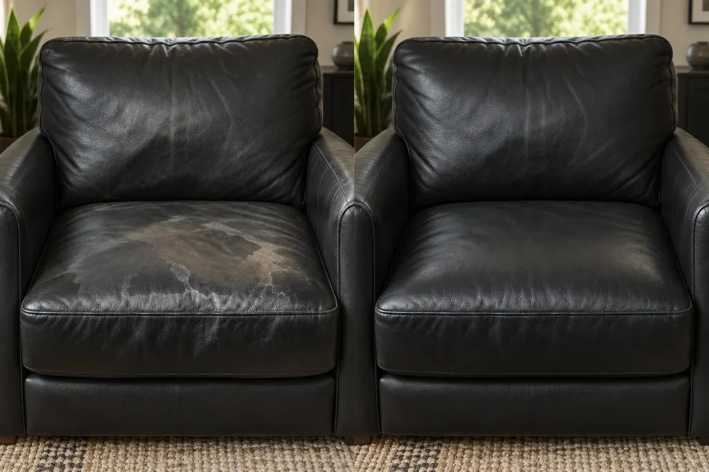 Sillón negro con daño de agua, recuperado, antes y después