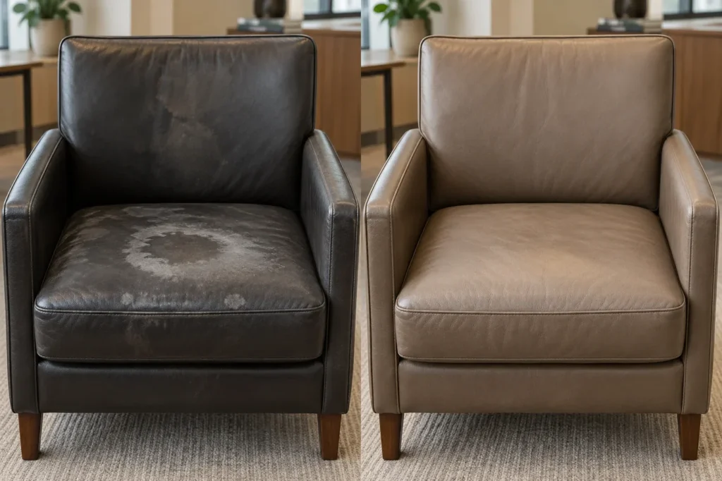 Sillón gris pardo con daño de agua, recuperado, antes y después