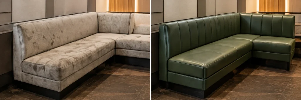 Soiled beige fabric banquette before and after, recovered in green leather