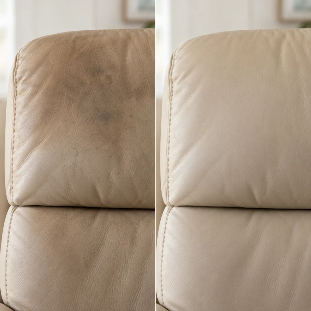 Beige leather recliner headrest with body oil, before and after cleaning