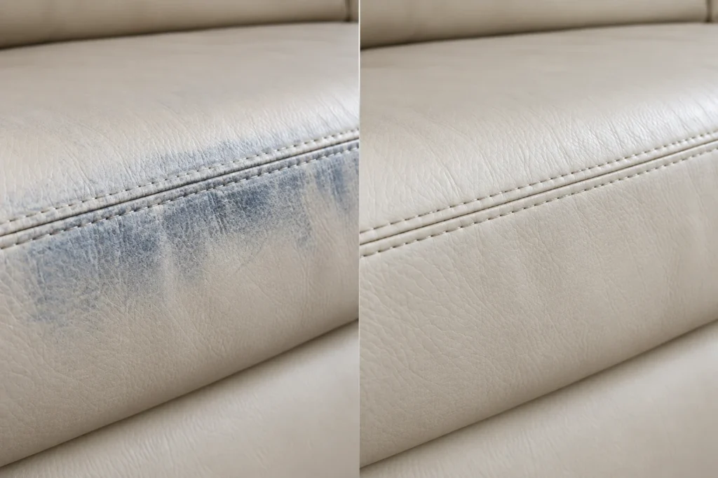 Blue denim along a beige leather seat edge, before and after