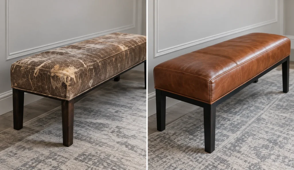 Leather bench with crazed finish before and after, recovered in cognac