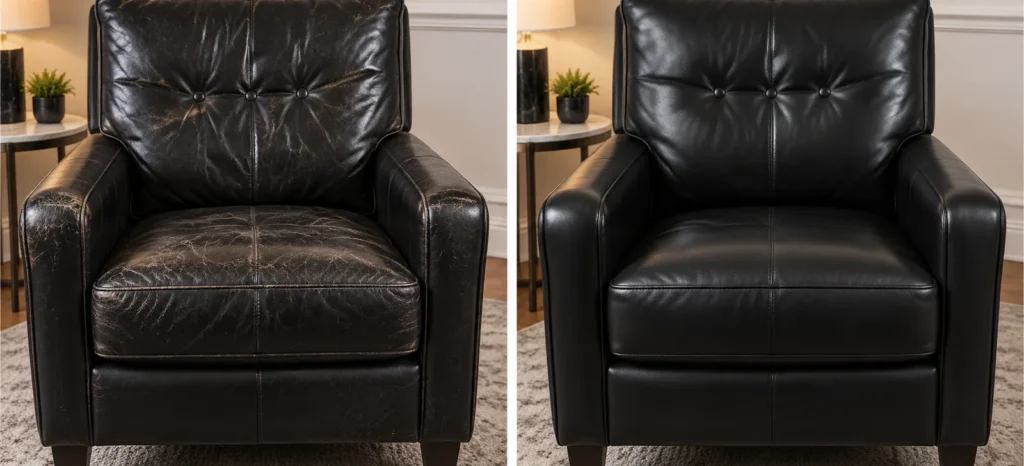 Grey, stiff black leather armchair, before and after conditioning