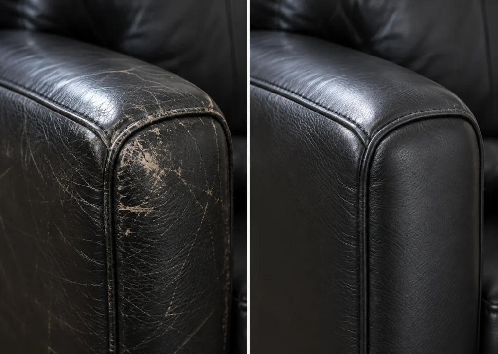 Scratched black leather armrest, before and after repair