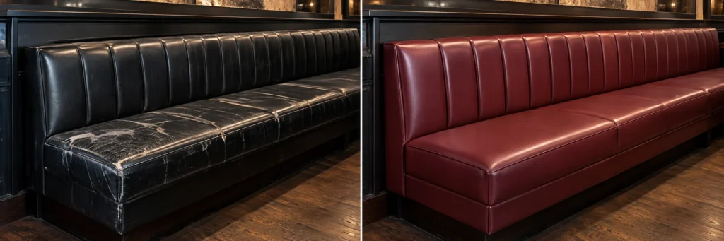 Cracked black banquette run before and after, recovered in red leather