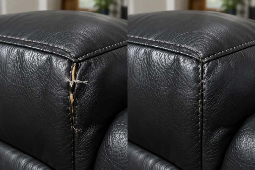 Black leather corner with an open seam, before and after repair