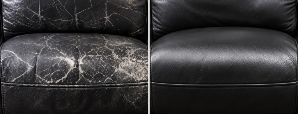 Cracked black leather couch seat before and after repair