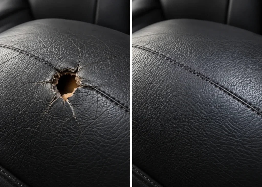 Black leather cushion with a round hole, before and after repair