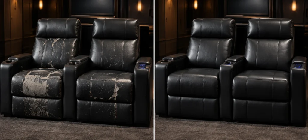Cracked black leather home theater seats shown before and after the repair