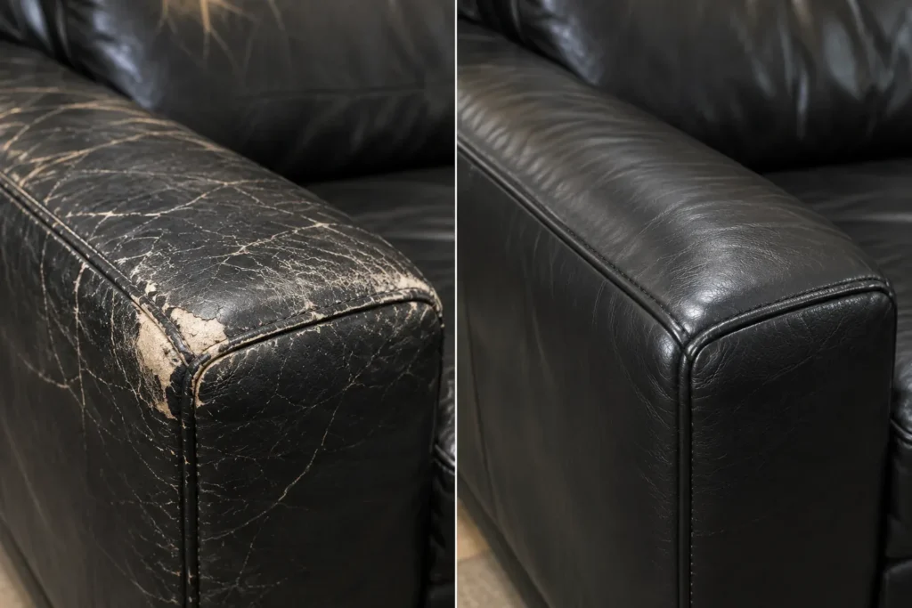 Black leather sofa arm before and after crack repair