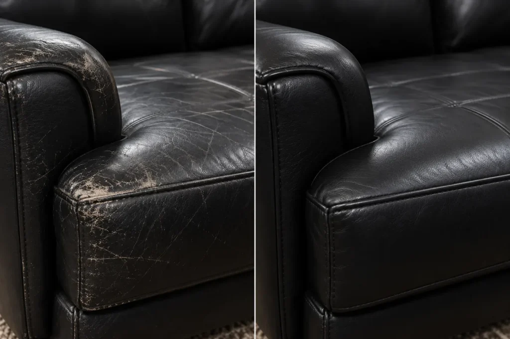 Black leather sofa arm before and after scuff repair