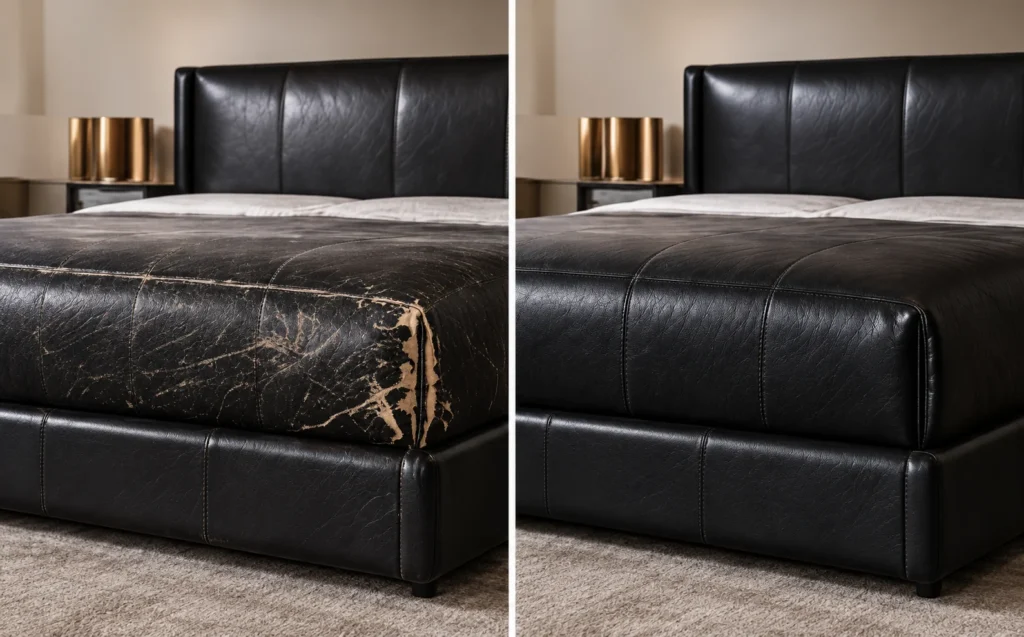 Black leather bed footboard before and after repair