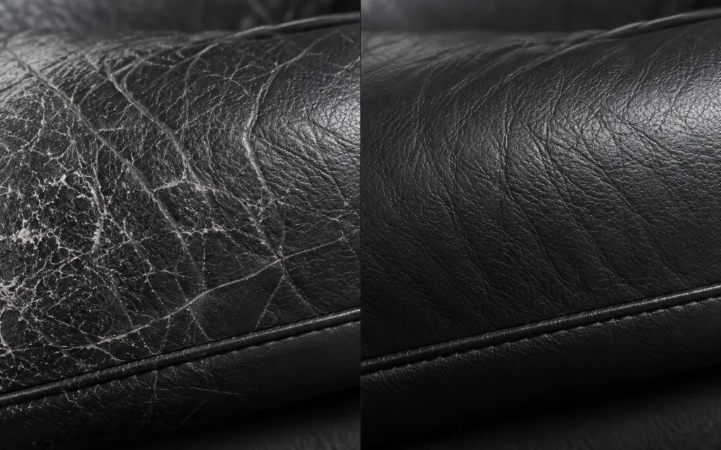 Black leather with surface cracks, before and after repair