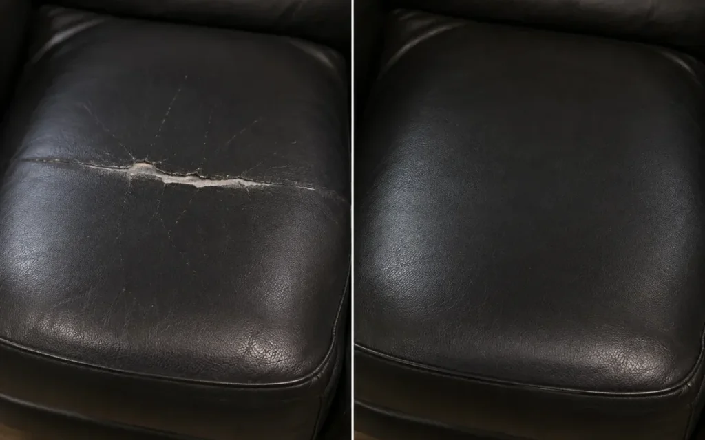 Black leather cushion before and after scratch repair
