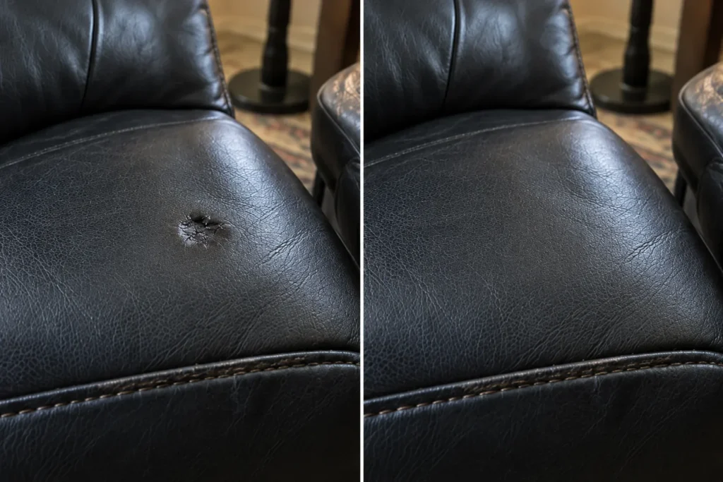 Black leather sofa burn, before and after repair