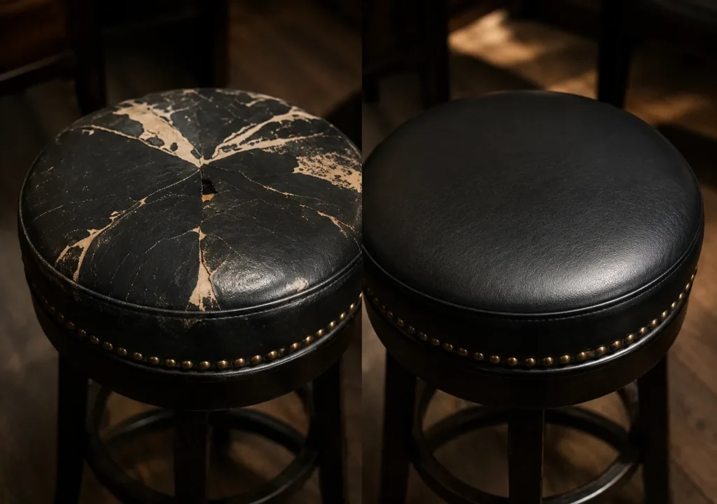 Black leather nailhead bar stool seat before and after repair