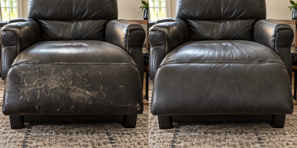 Black leather recliner footrest, before and after panel replacement