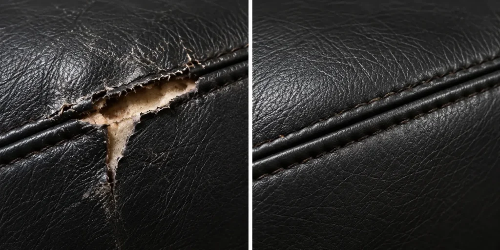 Black leather seam with foam showing, before and after rip repair