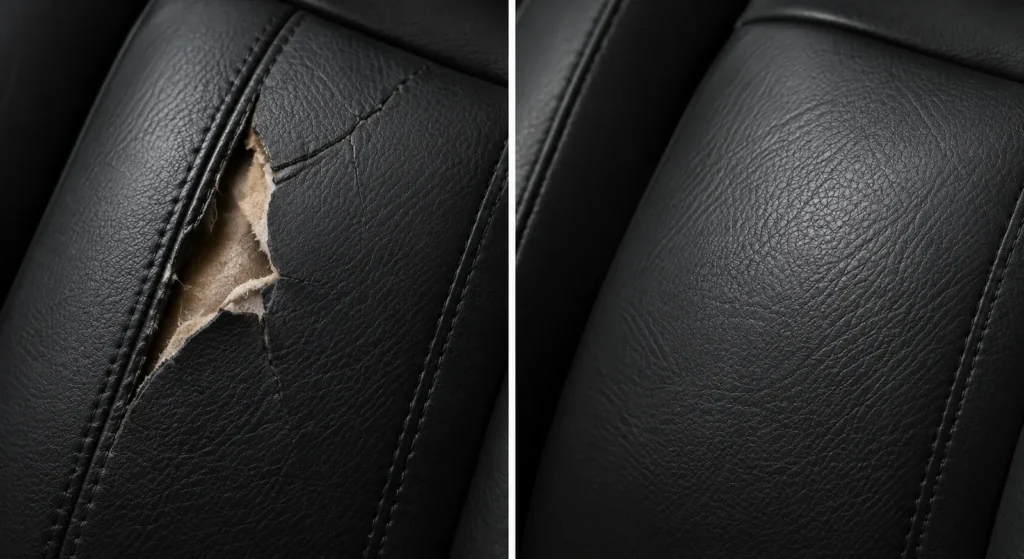 Black leather seat back before and after rip repair