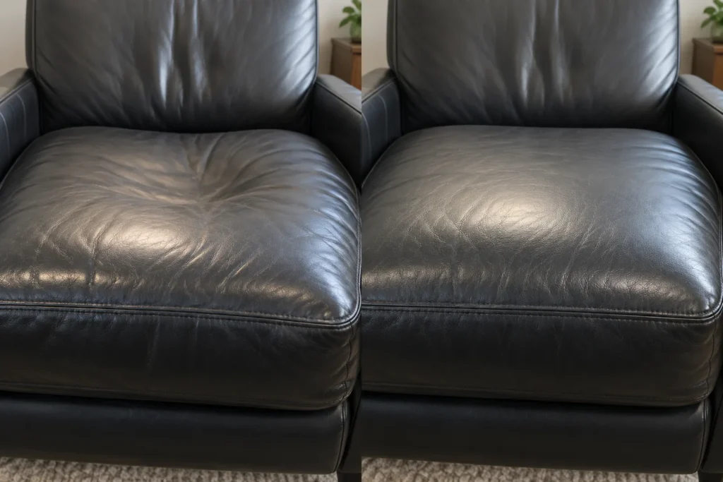 Sagging black leather seat cushion, before and after repair