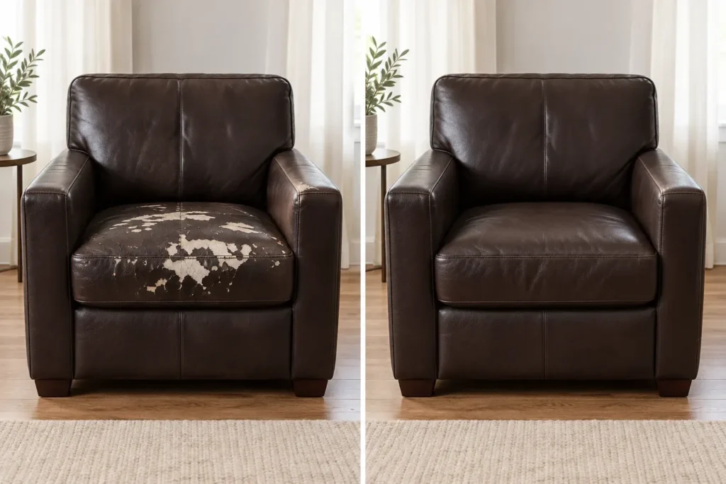 Brown leather armchair seat, before and after peeling repair
