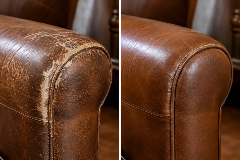 Faded brown leather armrest, before and after repair