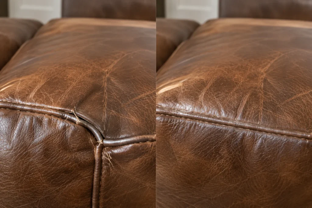 Frayed brown leather cushion corner, before and after repair